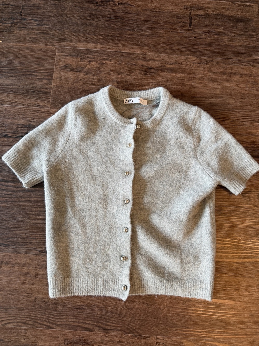 Zara Heather Gray Short-Sleeve Button-Up Crew Cardigan